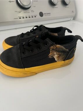 Vans Kids Black Canvas Sneakers with Yellow Sole and Fox Graphic